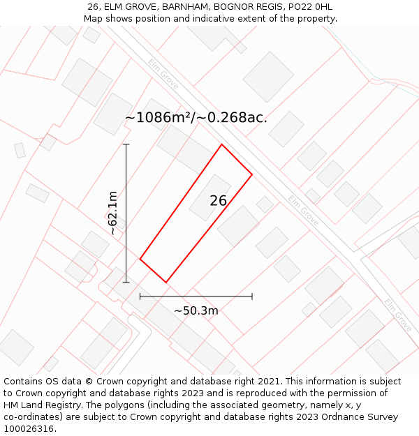 26, ELM GROVE, BARNHAM, BOGNOR REGIS, PO22 0HL: Plot and title map