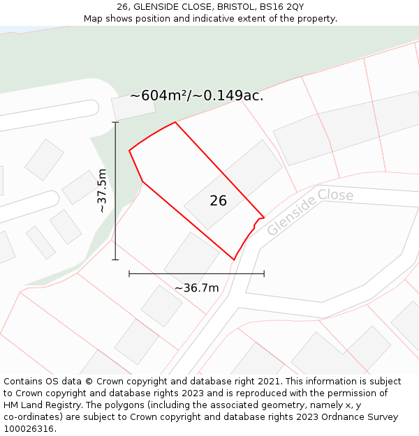 26, GLENSIDE CLOSE, BRISTOL, BS16 2QY: Plot and title map