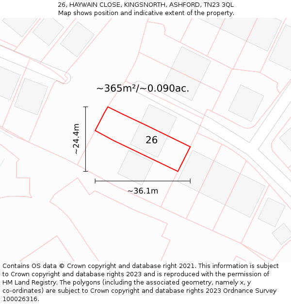 26, HAYWAIN CLOSE, KINGSNORTH, ASHFORD, TN23 3QL: Plot and title map