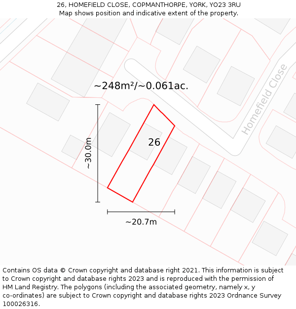 26, HOMEFIELD CLOSE, COPMANTHORPE, YORK, YO23 3RU: Plot and title map