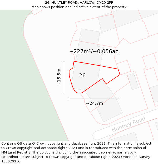 26, HUNTLEY ROAD, HARLOW, CM20 2PR: Plot and title map