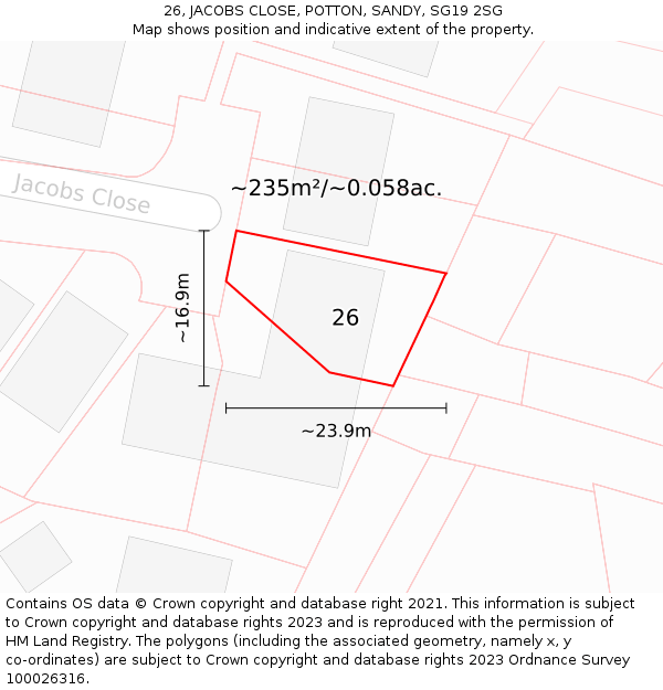 26, JACOBS CLOSE, POTTON, SANDY, SG19 2SG: Plot and title map