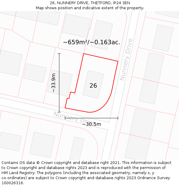 26, NUNNERY DRIVE, THETFORD, IP24 3EN: Plot and title map