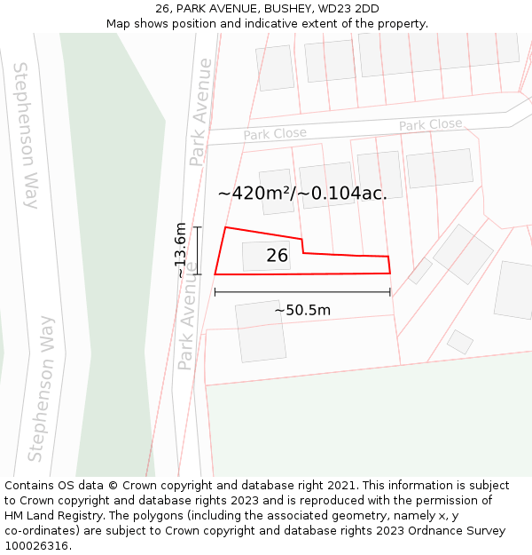 26, PARK AVENUE, BUSHEY, WD23 2DD: Plot and title map