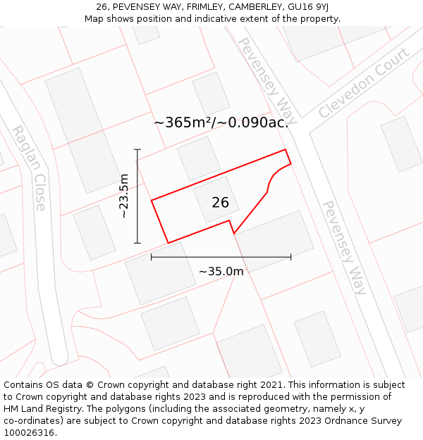 26, PEVENSEY WAY, FRIMLEY, CAMBERLEY, GU16 9YJ: Plot and title map