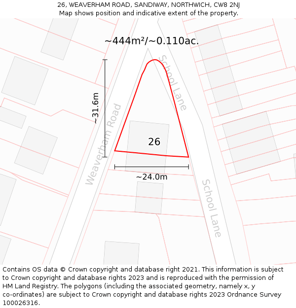 26, WEAVERHAM ROAD, SANDIWAY, NORTHWICH, CW8 2NJ: Plot and title map