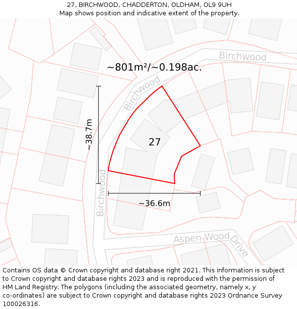 27, BIRCHWOOD, CHADDERTON, OLDHAM, OL9 9UH: Plot and title map