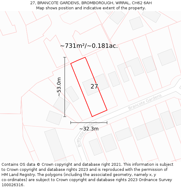 27, BRANCOTE GARDENS, BROMBOROUGH, WIRRAL, CH62 6AH: Plot and title map