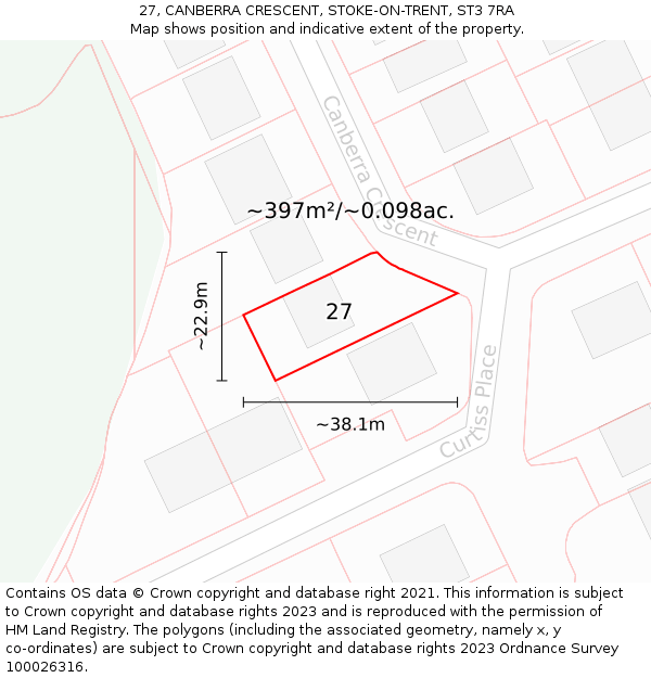 27, CANBERRA CRESCENT, STOKE-ON-TRENT, ST3 7RA: Plot and title map