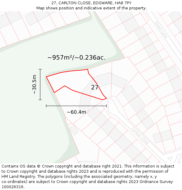 27, CARLTON CLOSE, EDGWARE, HA8 7PY: Plot and title map