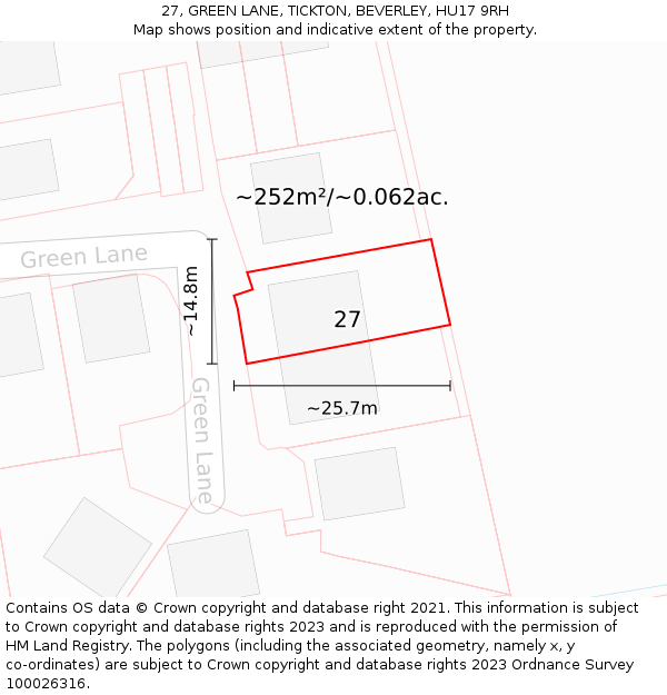 27, GREEN LANE, TICKTON, BEVERLEY, HU17 9RH: Plot and title map