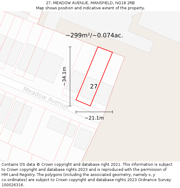 27, MEADOW AVENUE, MANSFIELD, NG18 2RB: Plot and title map