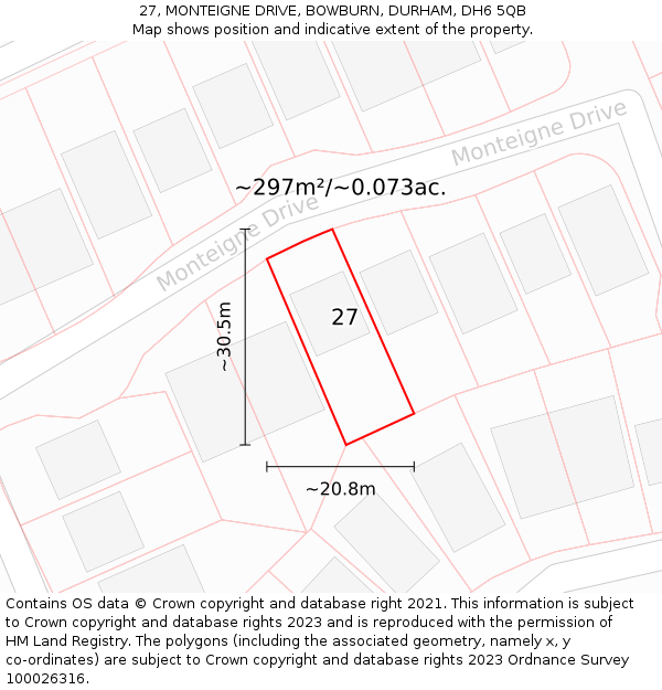 27, MONTEIGNE DRIVE, BOWBURN, DURHAM, DH6 5QB: Plot and title map