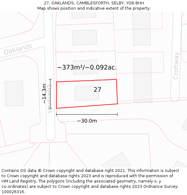 27, OAKLANDS, CAMBLESFORTH, SELBY, YO8 8HH: Plot and title map