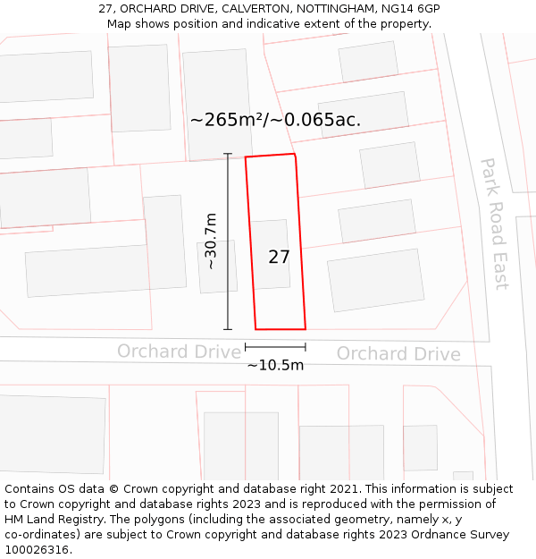 27, ORCHARD DRIVE, CALVERTON, NOTTINGHAM, NG14 6GP: Plot and title map