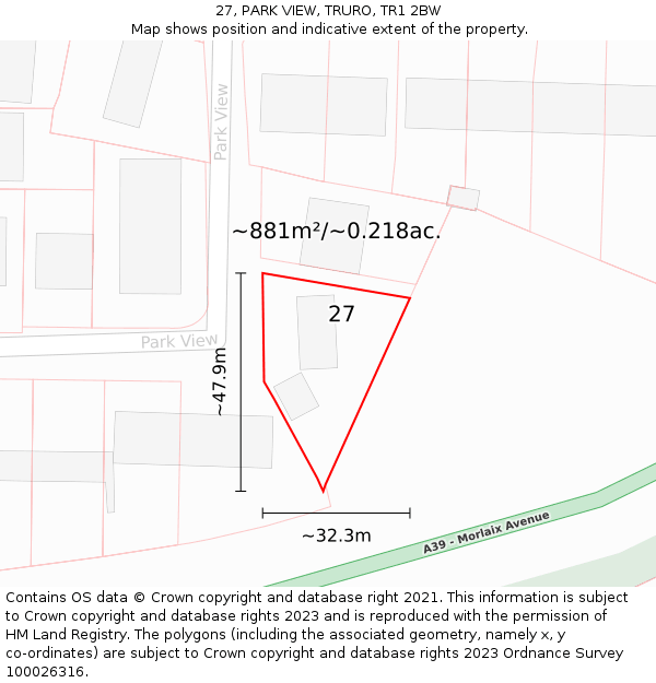 27, PARK VIEW, TRURO, TR1 2BW: Plot and title map