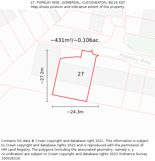 27, POPELEY RISE, GOMERSAL, CLECKHEATON, BD19 4QT: Plot and title map