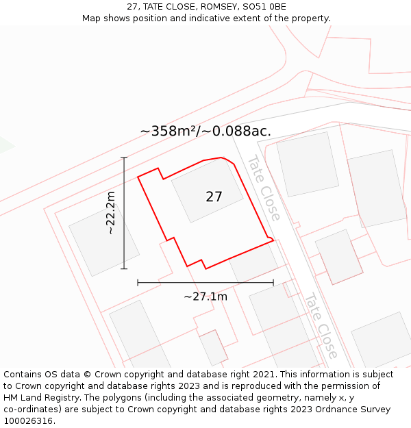 27, TATE CLOSE, ROMSEY, SO51 0BE: Plot and title map