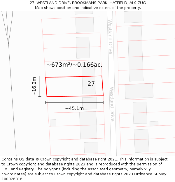 27, WESTLAND DRIVE, BROOKMANS PARK, HATFIELD, AL9 7UG: Plot and title map