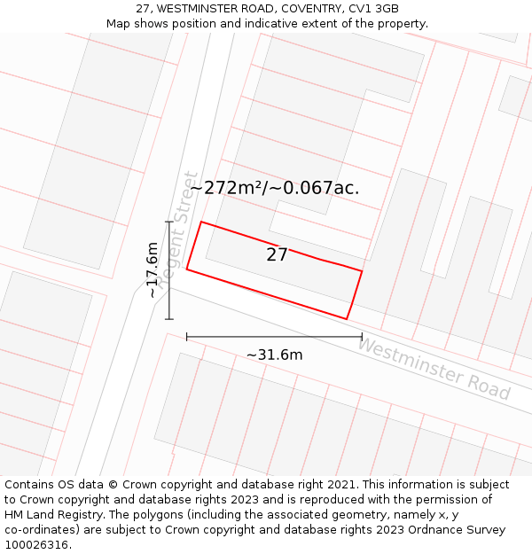 27, WESTMINSTER ROAD, COVENTRY, CV1 3GB: Plot and title map