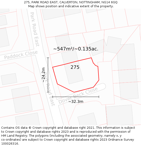 275, PARK ROAD EAST, CALVERTON, NOTTINGHAM, NG14 6GQ: Plot and title map