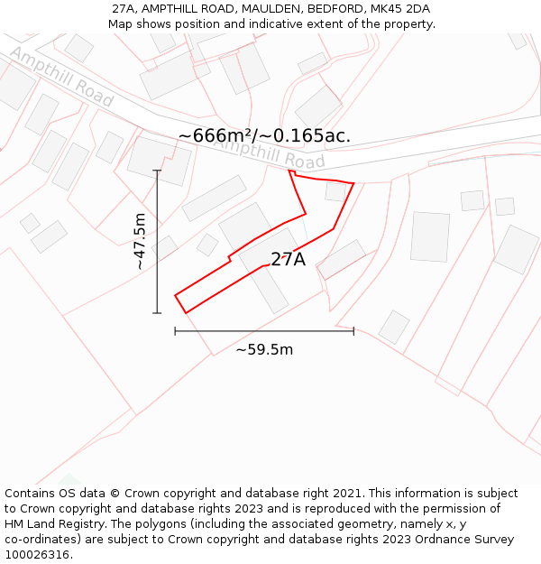 27A, AMPTHILL ROAD, MAULDEN, BEDFORD, MK45 2DA: Plot and title map