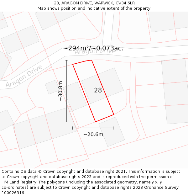 28, ARAGON DRIVE, WARWICK, CV34 6LR: Plot and title map