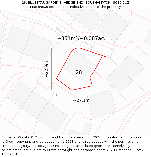 28, BLUESTAR GARDENS, HEDGE END, SOUTHAMPTON, SO30 2UZ: Plot and title map