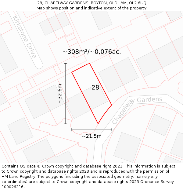 28, CHAPELWAY GARDENS, ROYTON, OLDHAM, OL2 6UQ: Plot and title map