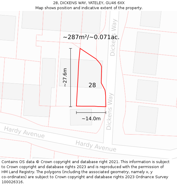 28, DICKENS WAY, YATELEY, GU46 6XX: Plot and title map