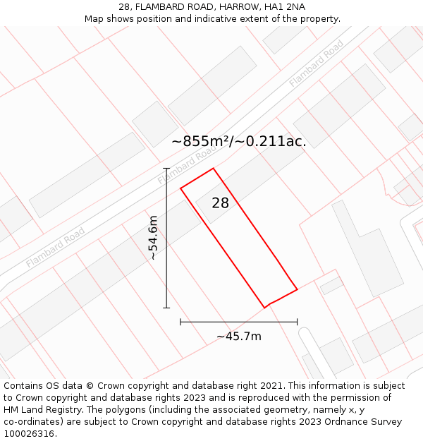 28, FLAMBARD ROAD, HARROW, HA1 2NA: Plot and title map