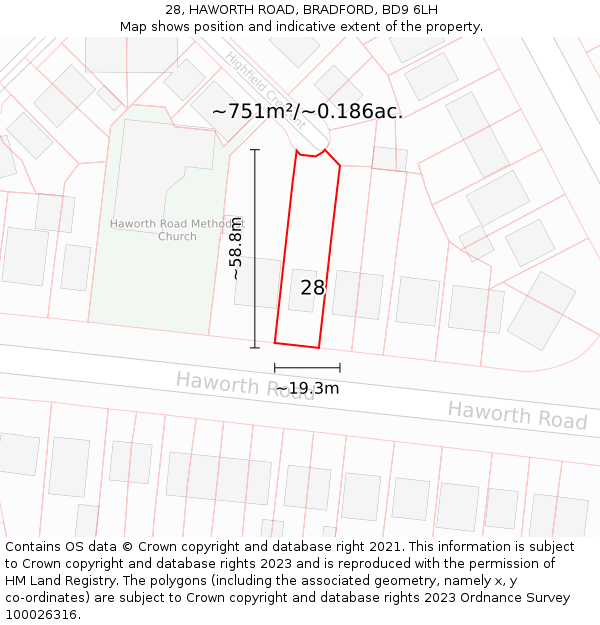 28, HAWORTH ROAD, BRADFORD, BD9 6LH: Plot and title map