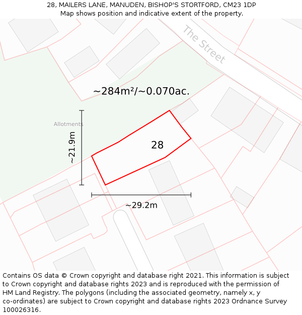 28, MAILERS LANE, MANUDEN, BISHOP'S STORTFORD, CM23 1DP: Plot and title map