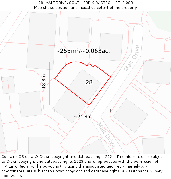 28, MALT DRIVE, SOUTH BRINK, WISBECH, PE14 0SR: Plot and title map