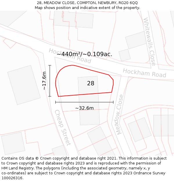 28, MEADOW CLOSE, COMPTON, NEWBURY, RG20 6QQ: Plot and title map