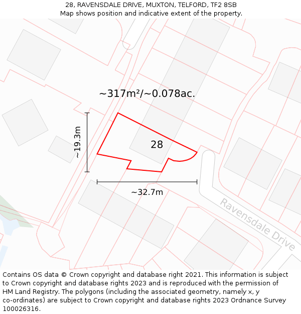 28, RAVENSDALE DRIVE, MUXTON, TELFORD, TF2 8SB: Plot and title map