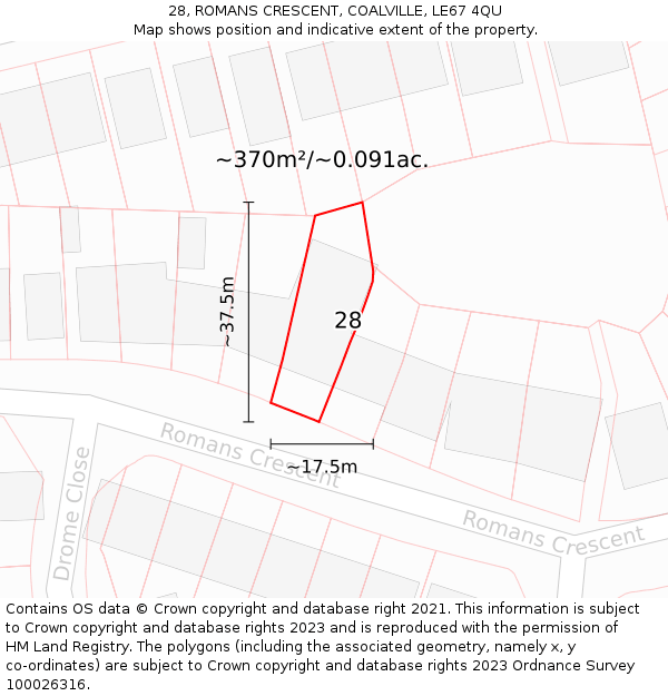 28, ROMANS CRESCENT, COALVILLE, LE67 4QU: Plot and title map