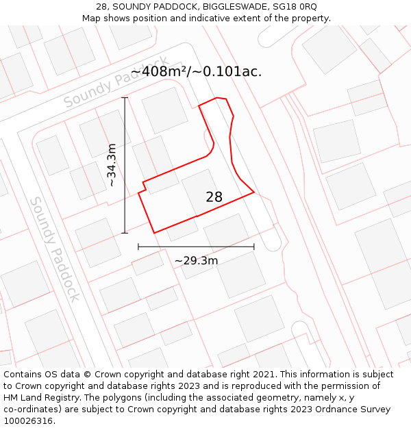 28, SOUNDY PADDOCK, BIGGLESWADE, SG18 0RQ: Plot and title map