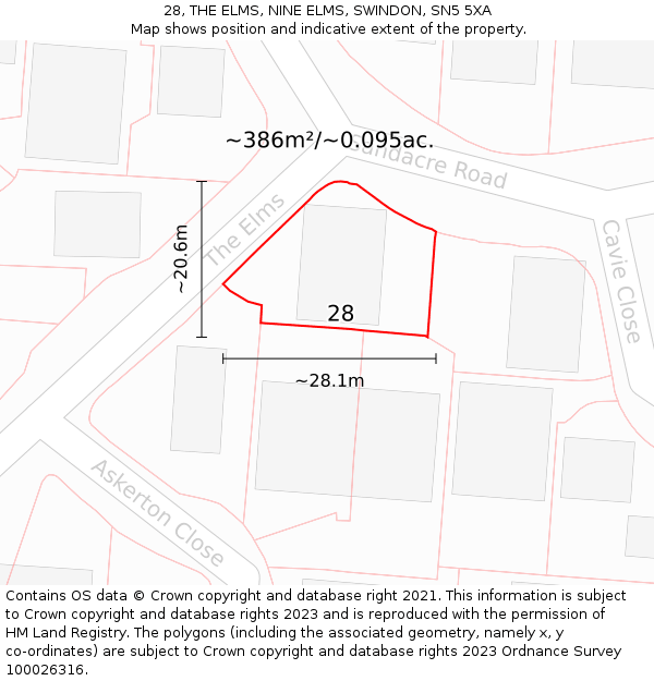 28, THE ELMS, NINE ELMS, SWINDON, SN5 5XA: Plot and title map