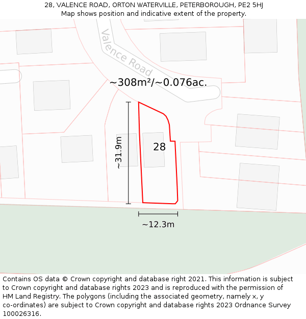 28, VALENCE ROAD, ORTON WATERVILLE, PETERBOROUGH, PE2 5HJ: Plot and title map