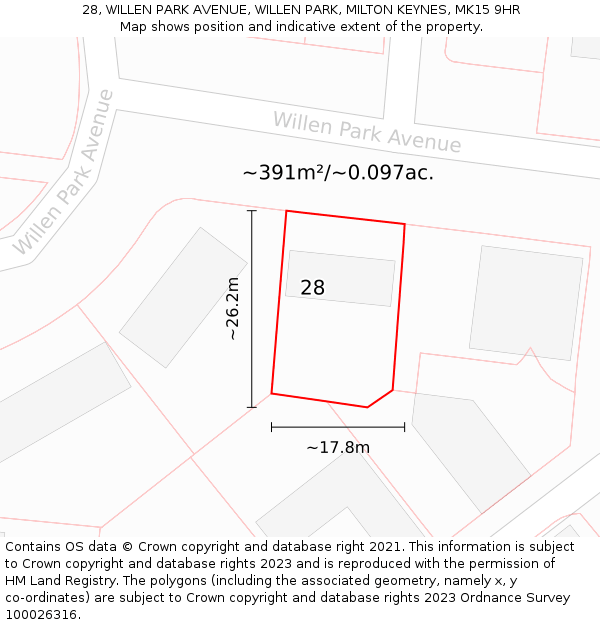 28, WILLEN PARK AVENUE, WILLEN PARK, MILTON KEYNES, MK15 9HR: Plot and title map