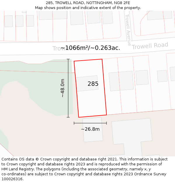 285, TROWELL ROAD, NOTTINGHAM, NG8 2FE: Plot and title map