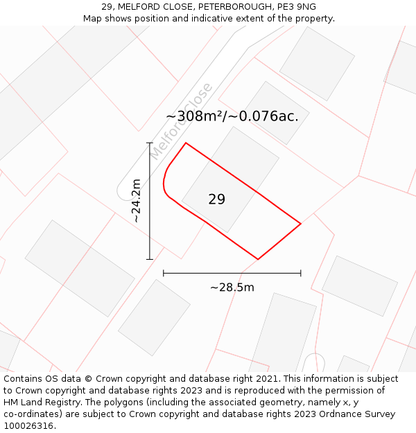 29, MELFORD CLOSE, PETERBOROUGH, PE3 9NG: Plot and title map