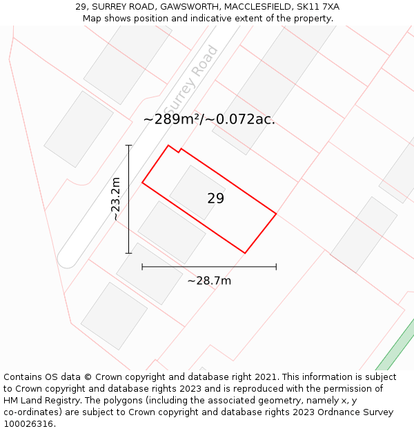 29, SURREY ROAD, GAWSWORTH, MACCLESFIELD, SK11 7XA: Plot and title map