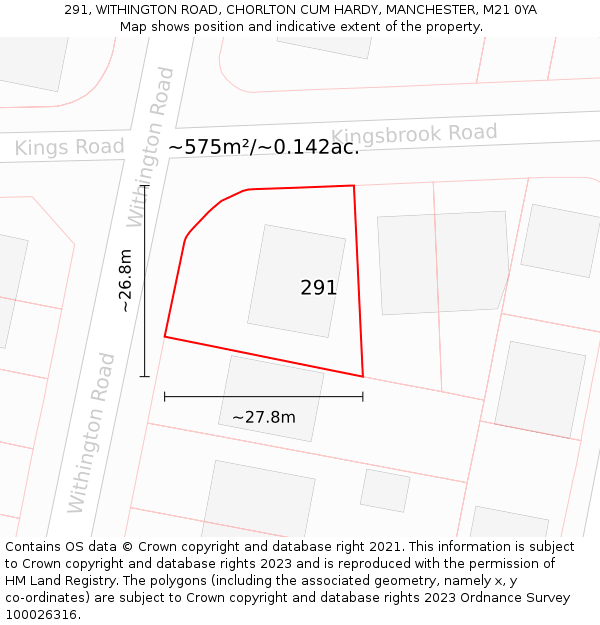 291, WITHINGTON ROAD, CHORLTON CUM HARDY, MANCHESTER, M21 0YA: Plot and title map