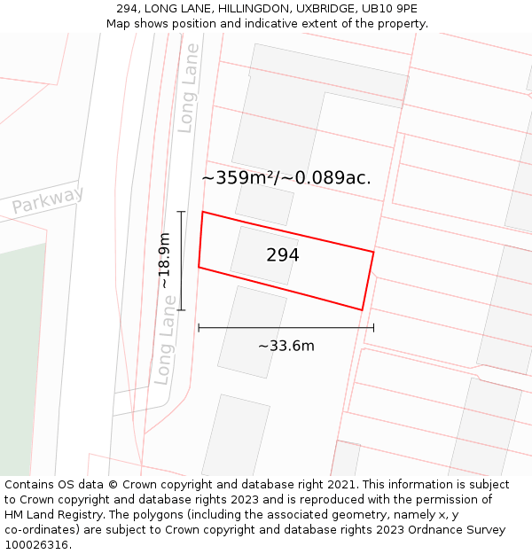 294, LONG LANE, HILLINGDON, UXBRIDGE, UB10 9PE: Plot and title map