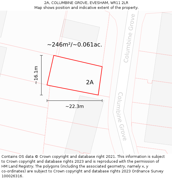 2A, COLUMBINE GROVE, EVESHAM, WR11 2LR: Plot and title map