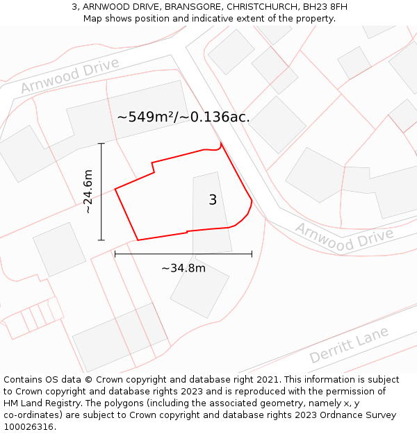 3, ARNWOOD DRIVE, BRANSGORE, CHRISTCHURCH, BH23 8FH: Plot and title map