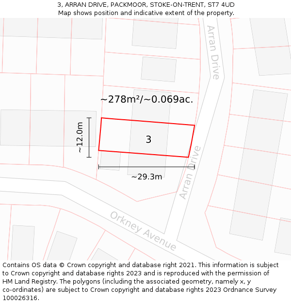 3, ARRAN DRIVE, PACKMOOR, STOKE-ON-TRENT, ST7 4UD: Plot and title map