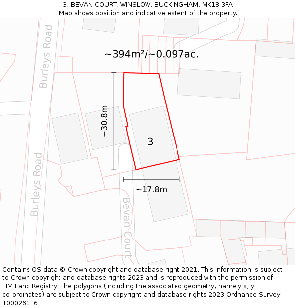 3, BEVAN COURT, WINSLOW, BUCKINGHAM, MK18 3FA: Plot and title map